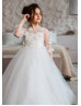 Long Sleeves Ivory 3D Lace Tulle Flower Girl Dress With Detachable Train